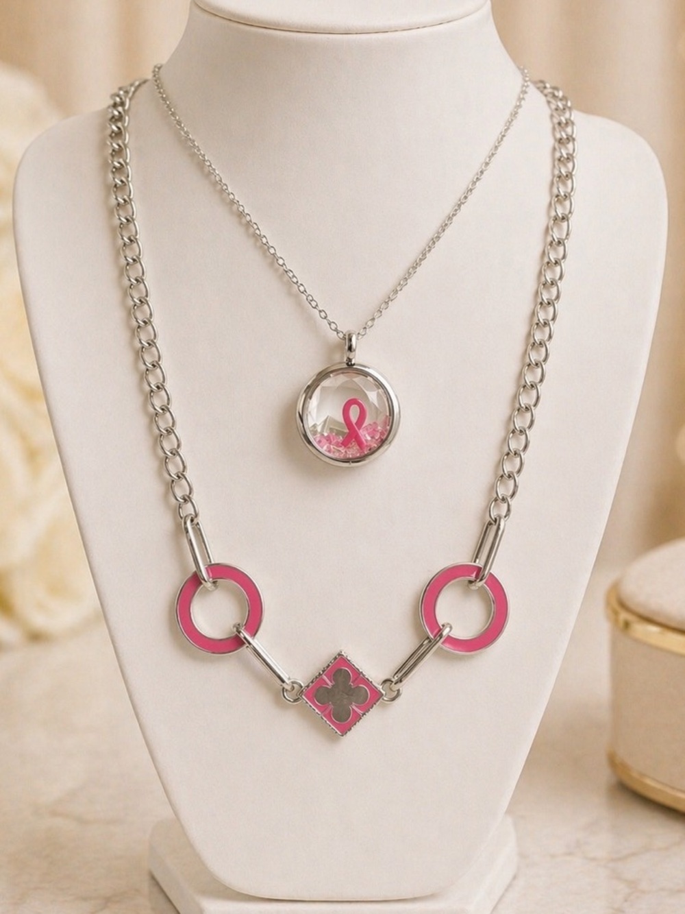 Pink Ribbon & Clover Necklace Set Silver Tone Breast Cancer Awareness Duo